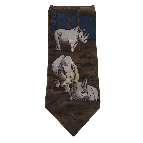 1991 Vintage WWF Silk Tie #141 Black Rhinoceros Blue Mlticolor Mens 4.5" x 60" - Picture 2 of 9